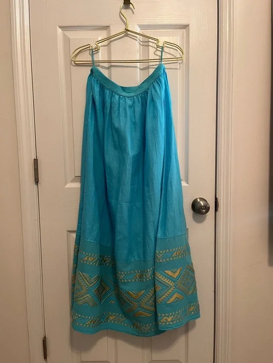 ✨ Haris Cotton Linen Skirt L Turquoise Gold Embroidered Greece Boho - Picture 2 of 9